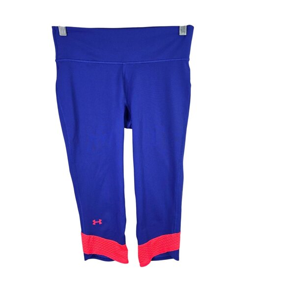Womens Under Armour Capri Blue & Pink Leggings Activewear Polyester Stretch S - Picture 1 of 8